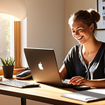 **

A person working from home at a well-organized desk, with sunlight streaming in. They are smiling and looking at their computer, seemingly productive and balanced.  Include elements that suggest both work and leisure, showing a harmonious blend.

**