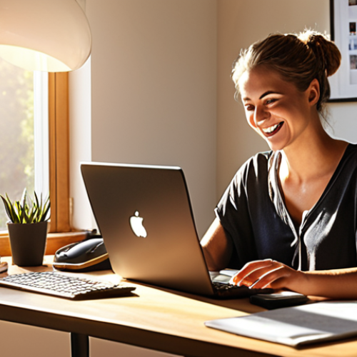 Home 11 **
A person working from home at a well-organized desk, with sunlight streaming in. They are smiling and looking at their computer, seemingly productive and balanced. Include elements that suggest both work and leisure, showing a harmonious blend.
**
