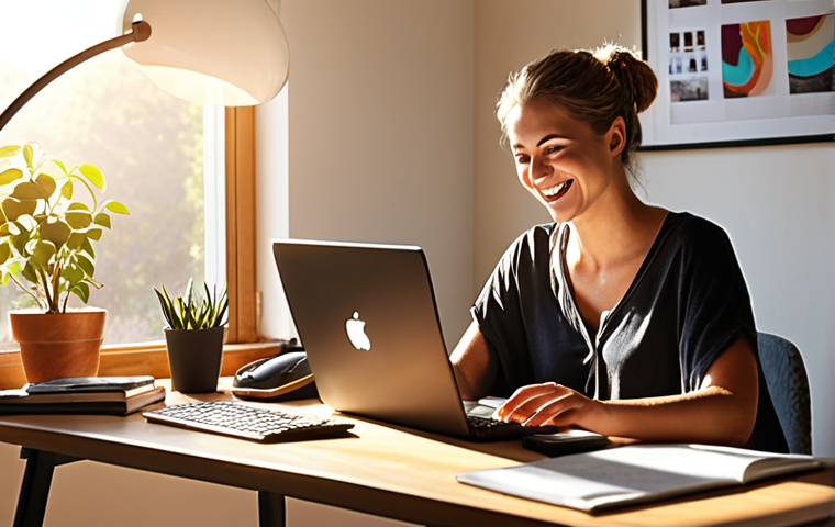 **
A person working from home at a well-organized desk, with sunlight streaming in. They are smiling and looking at their computer, seemingly productive and balanced. Include elements that suggest both work and leisure, showing a harmonious blend.
**