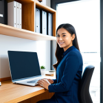 A professional individual, fully clothed in a modest business casual outfit, sitting at a clean, organized, compact desk in a modern home office. The space features smart vertical storage solutions, floating shelves with neatly arranged office supplies, and a multi-functional piece of furniture. Abundant natural light illuminates the efficient workspace, highlighting the streamlined design. The overall atmosphere is productive and calm. perfect anatomy, correct proportions, natural pose, well-formed hands, proper finger count, natural body proportions, professional photography, high quality, safe for work, appropriate content, fully clothed, professional, family-friendly.