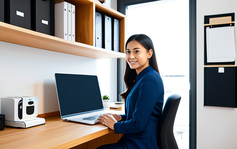 A professional individual, fully clothed in a modest business casual outfit, sitting at a clean, organized, compact desk in a modern home office. The space features smart vertical storage solutions, floating shelves with neatly arranged office supplies, and a multi-functional piece of furniture. Abundant natural light illuminates the efficient workspace, highlighting the streamlined design. The overall atmosphere is productive and calm. perfect anatomy, correct proportions, natural pose, well-formed hands, proper finger count, natural body proportions, professional photography, high quality, safe for work, appropriate content, fully clothed, professional, family-friendly.