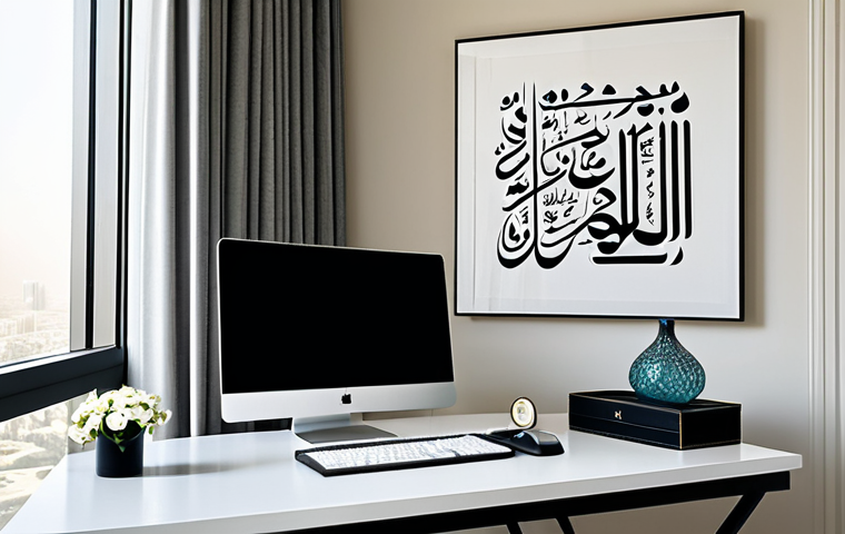 Inspiring Workspace**
"A modern, minimalist home office in a Dubai apartment, flooded with natural light, showcasing a clean desk with a laptop and a small vase of white flowers. Arabic calligraphy artwork adorns the wall. Fully clothed, professional attire, safe for work, perfect anatomy, natural proportions, high quality, appropriate content."
**