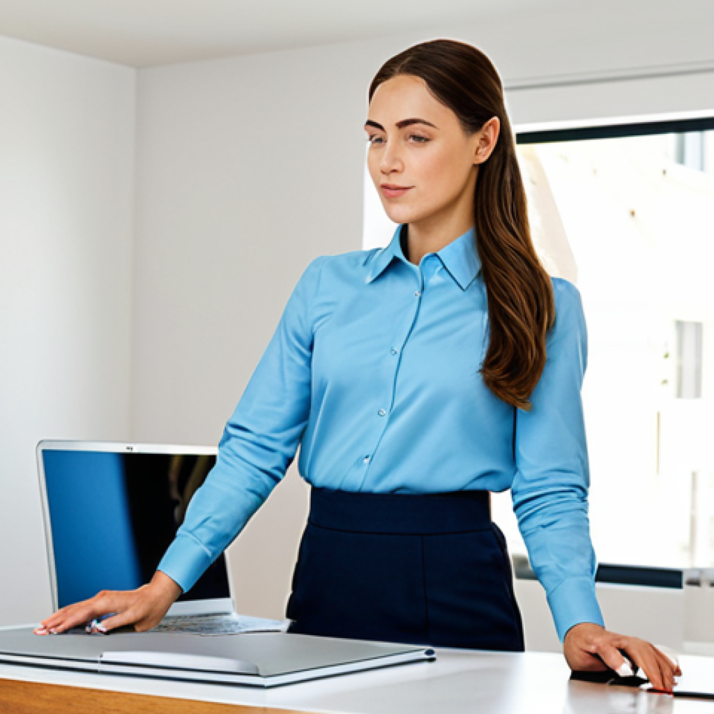 원격근무 공간에서의 운동과 스트레칭 방법 - **
"A woman in modest professional attire, working at a standing desk in a bright home office, full...