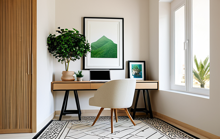 원격근무의 효율성을 높이는 공간 재구성 - The Tranquil Corner - Oasis of Calm**
"A serene and inviting home office nook in a modern, clean...