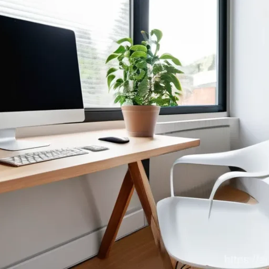 원격근무 중 생산성을 높이는 공간 변화 - A serene and modern home office setup, bathed in soft, natural light filtering through a large windo...