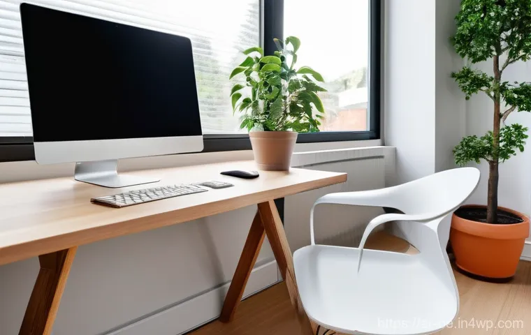 원격근무 중 생산성을 높이는 공간 변화 - A serene and modern home office setup, bathed in soft, natural light filtering through a large windo...