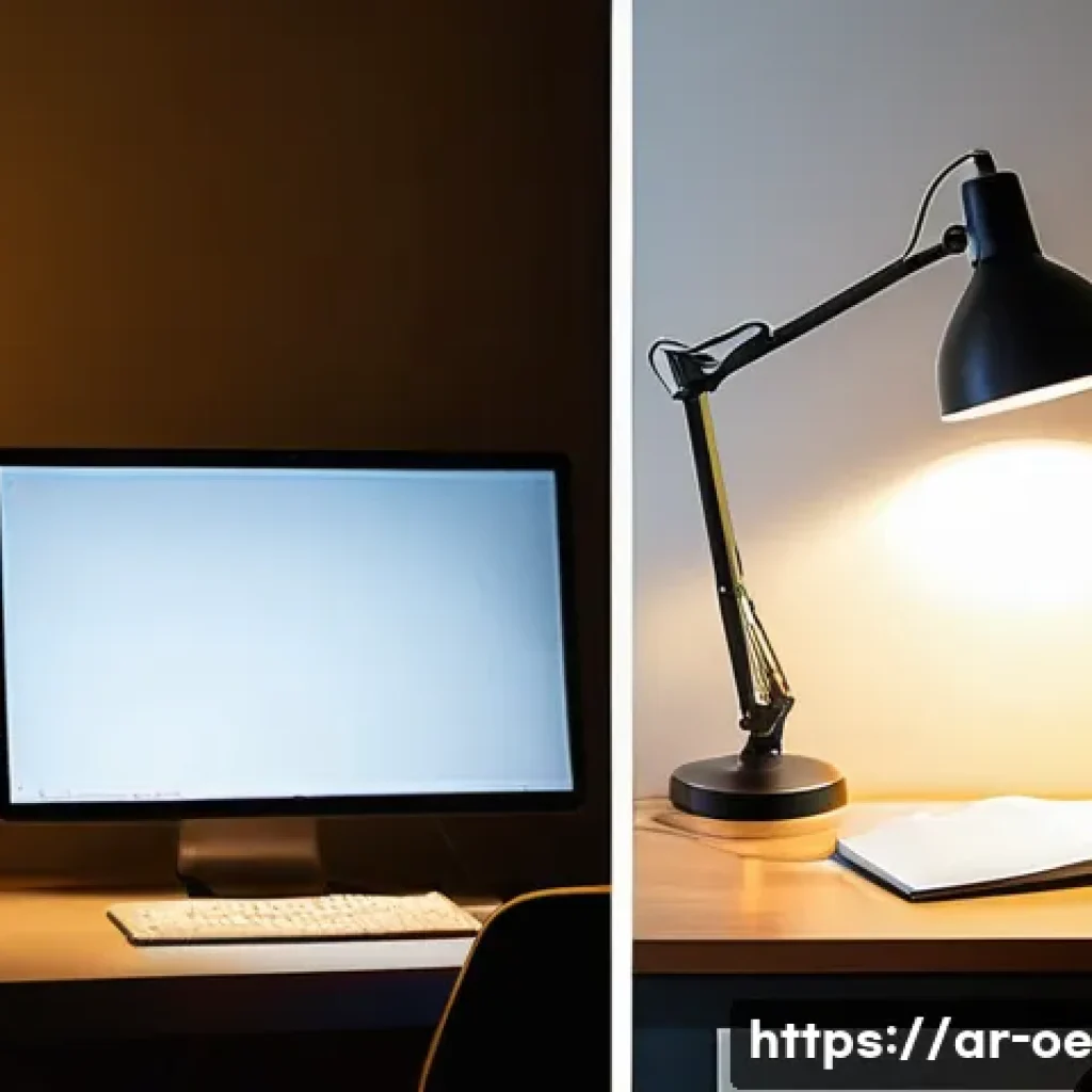 원격근무 공간에서의 조명 최적화 - **Prompt:** A dynamic, split-screen image showcasing the stark contrast between inadequate and optim...