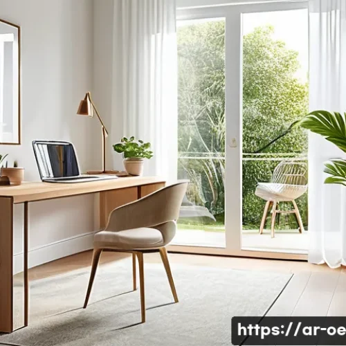 Home 33 자연광을 활용한 원격근무 환경 조성 - A modern home office interior bathed in warm natural sunlight streaming through a large window with ...