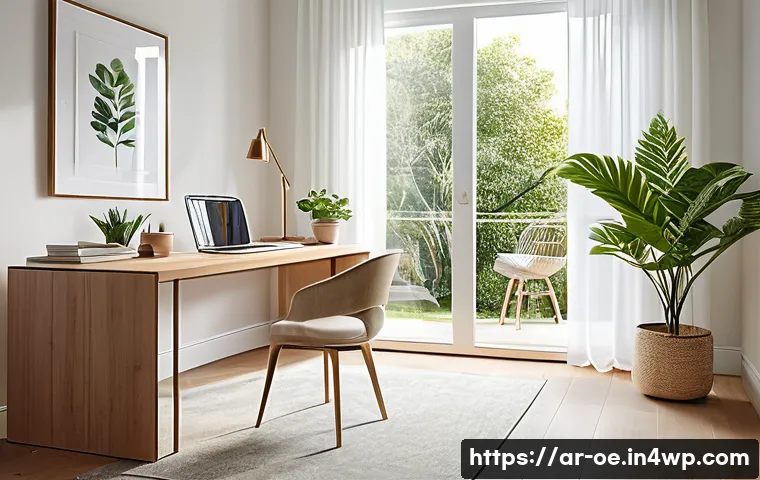 자연광을 활용한 원격근무 환경 조성 - A modern home office interior bathed in warm natural sunlight streaming through a large window with ...