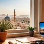 Home 19 원격근무 환경을 위한 물리적 경계 만들기 - A cozy and well-organized home office setup in a quiet room with traditional Arabic decorative eleme...