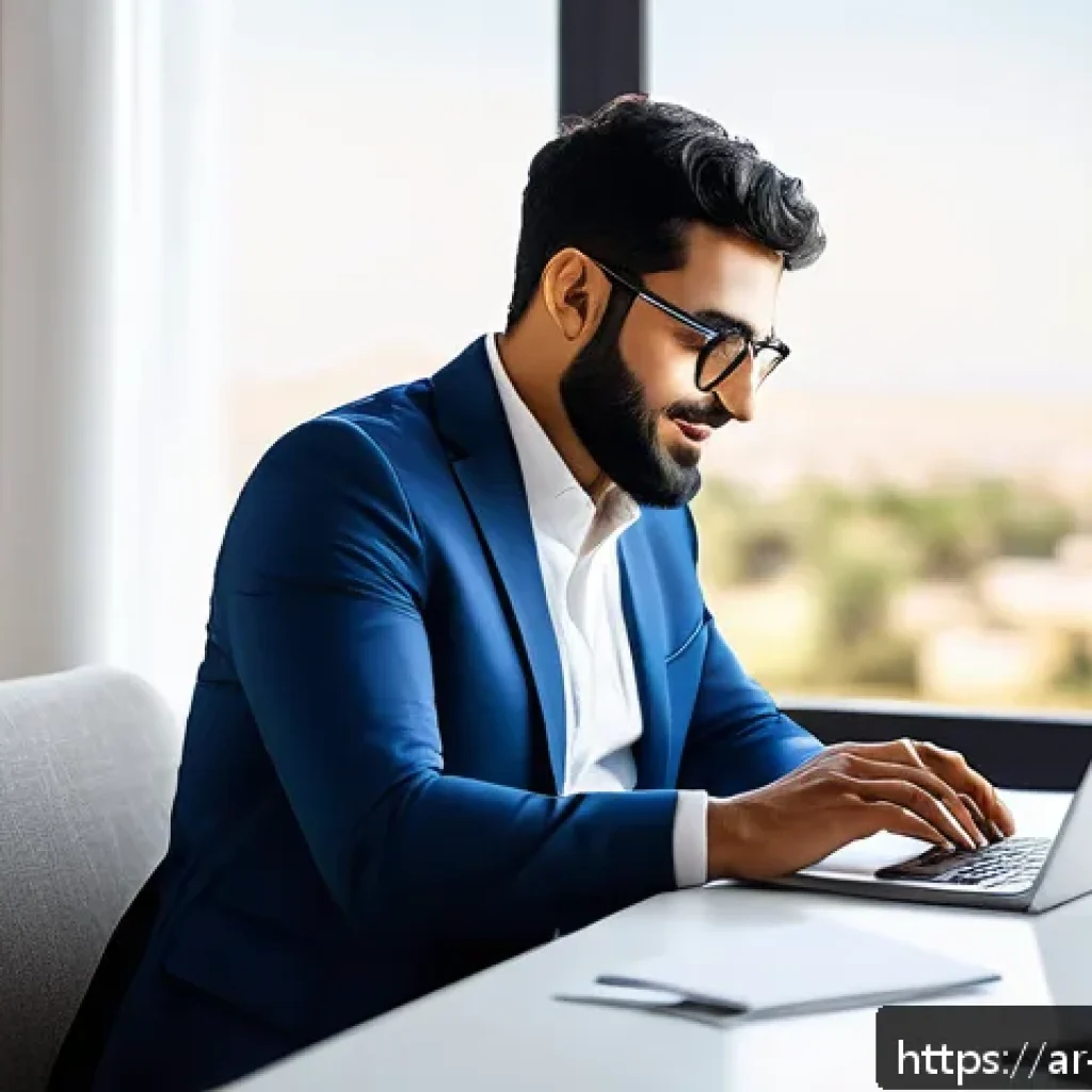 디지털 노마드의 원격근무 공간 구성 - A modern digital workspace setup for a professional Arab man working remotely, seated near a large w...