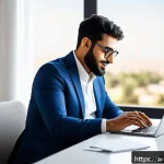 Home 18 디지털 노마드의 원격근무 공간 구성 - A modern digital workspace setup for a professional Arab man working remotely, seated near a large w...
