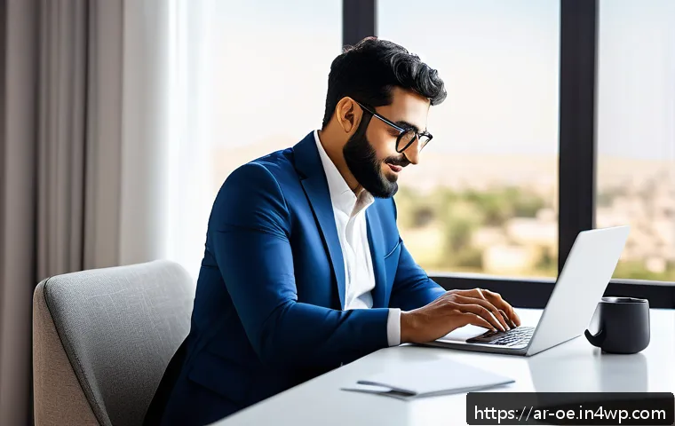 디지털 노마드의 원격근무 공간 구성 - A modern digital workspace setup for a professional Arab man working remotely, seated near a large w...