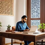 Home 23 원격근무 시 업무와 개인 생활의 균형 맞추기 - A bright, modern home office corner in a cozy living room styled with Arabic decorative elements lik...