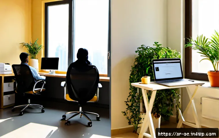공유 오피스 vs  재택근무 공간 비교 - Photorealistic side-by-side comparison scene: on the left, a modern shared office in a Gulf city wit...