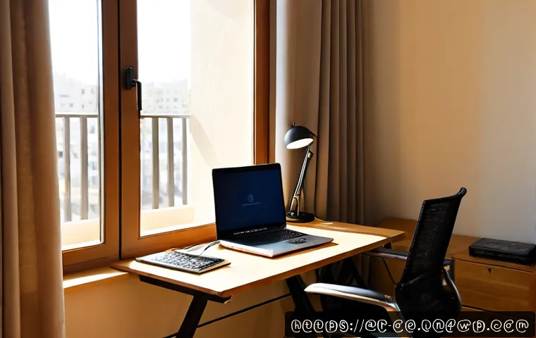 원격근무 공간에서의 전선 정리 전략 - Photorealistic remote work desk in a sunlit modern Arab home, a neatly organized laptop workstation ...