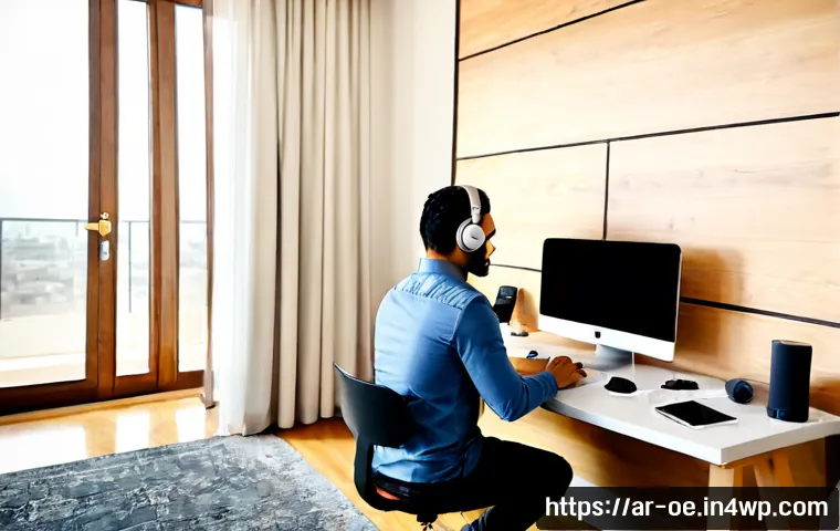 소음 차단을 위한 원격근무 공간 개선 방법 - Photorealistic remote work home office in a modern Arab apartment, a focused Middle Eastern professi...